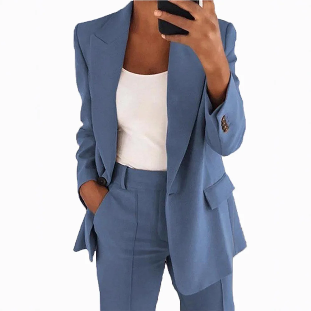 Women Suits 2 Pieces Set Fashion Lapels Single-button Coat Straight Leg Slim Pants Elegant Commuter Casuals Outfit