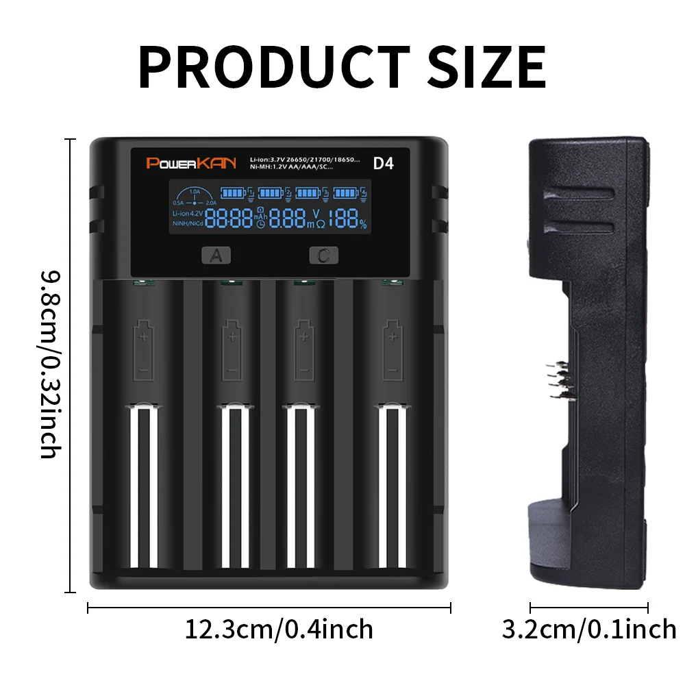 POWERKAN D4 Battery Charger for 1.2V Ni-MH/Ni-CD&3.6V/3.7V Li-ion LED Screen Automatically Detect Type&Power&Current