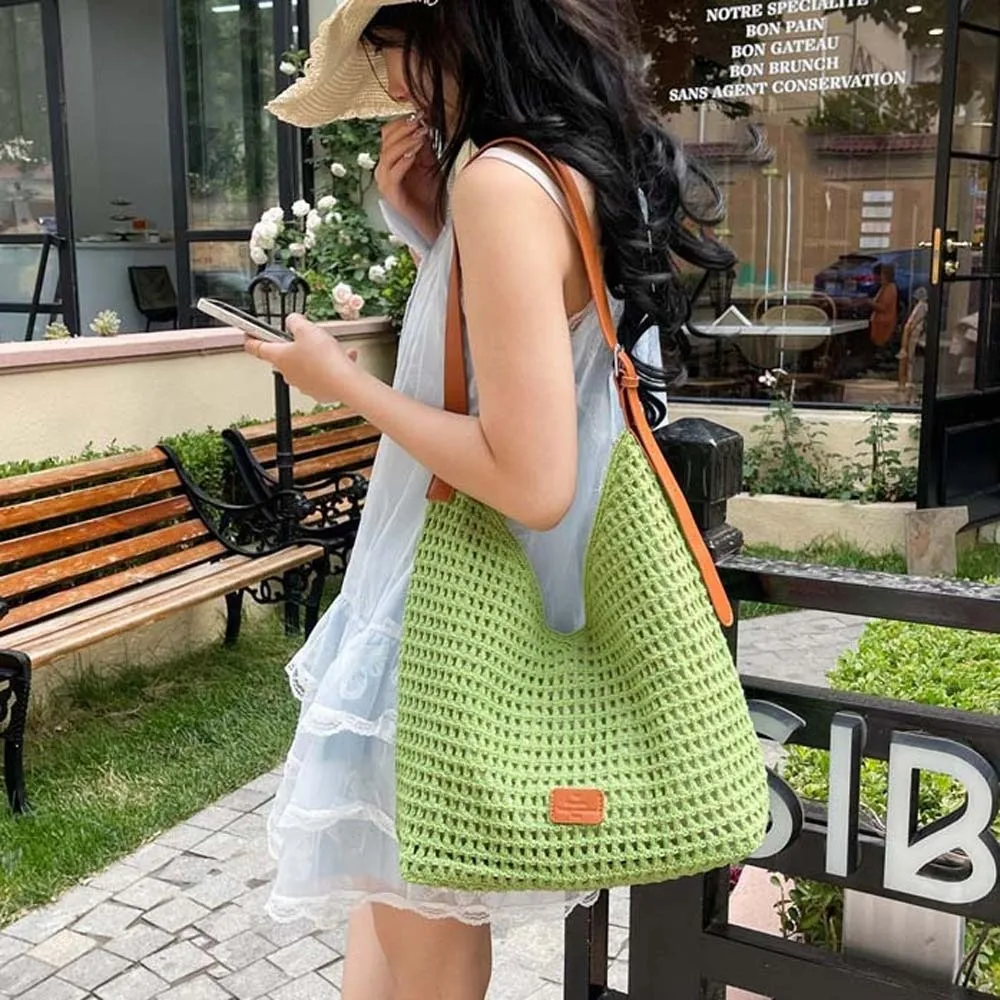

Solid Color Casual Crochet Tote Bag Large Capacity Korean Style Hollow Woven Bag Magnetic Button Cotton Knitting Handbag Beach