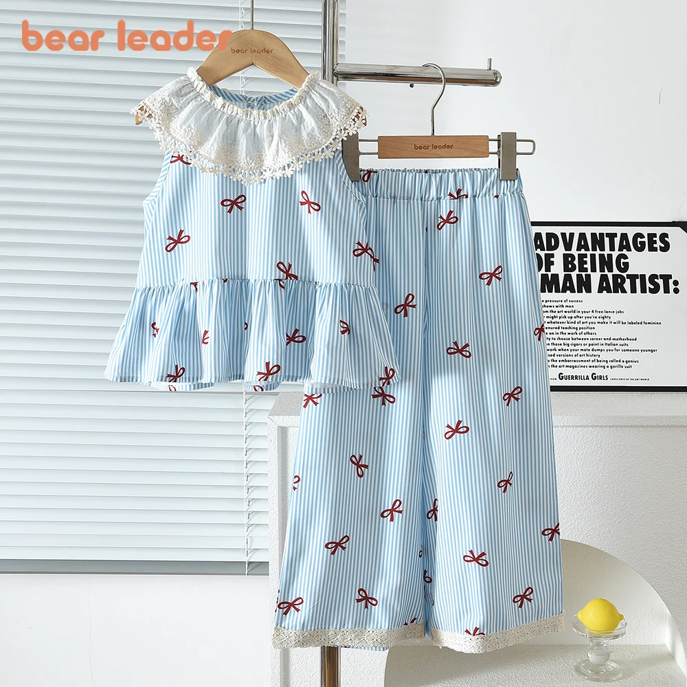 Bear Leader Set New Summer Girls Clothes 3-7 Years Old Collar Tassel Flower Sleeveless Bow Top+wide Leg Pants Two-piece