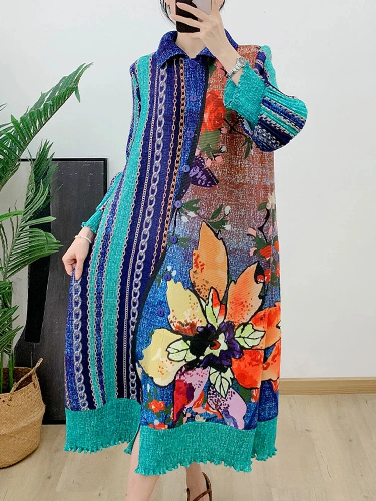 

Printed Dress Women's Long Sleeves Single Breasted Flower Pleated Dresses Fashion Clothing 2025 Spring New 2DA4117
