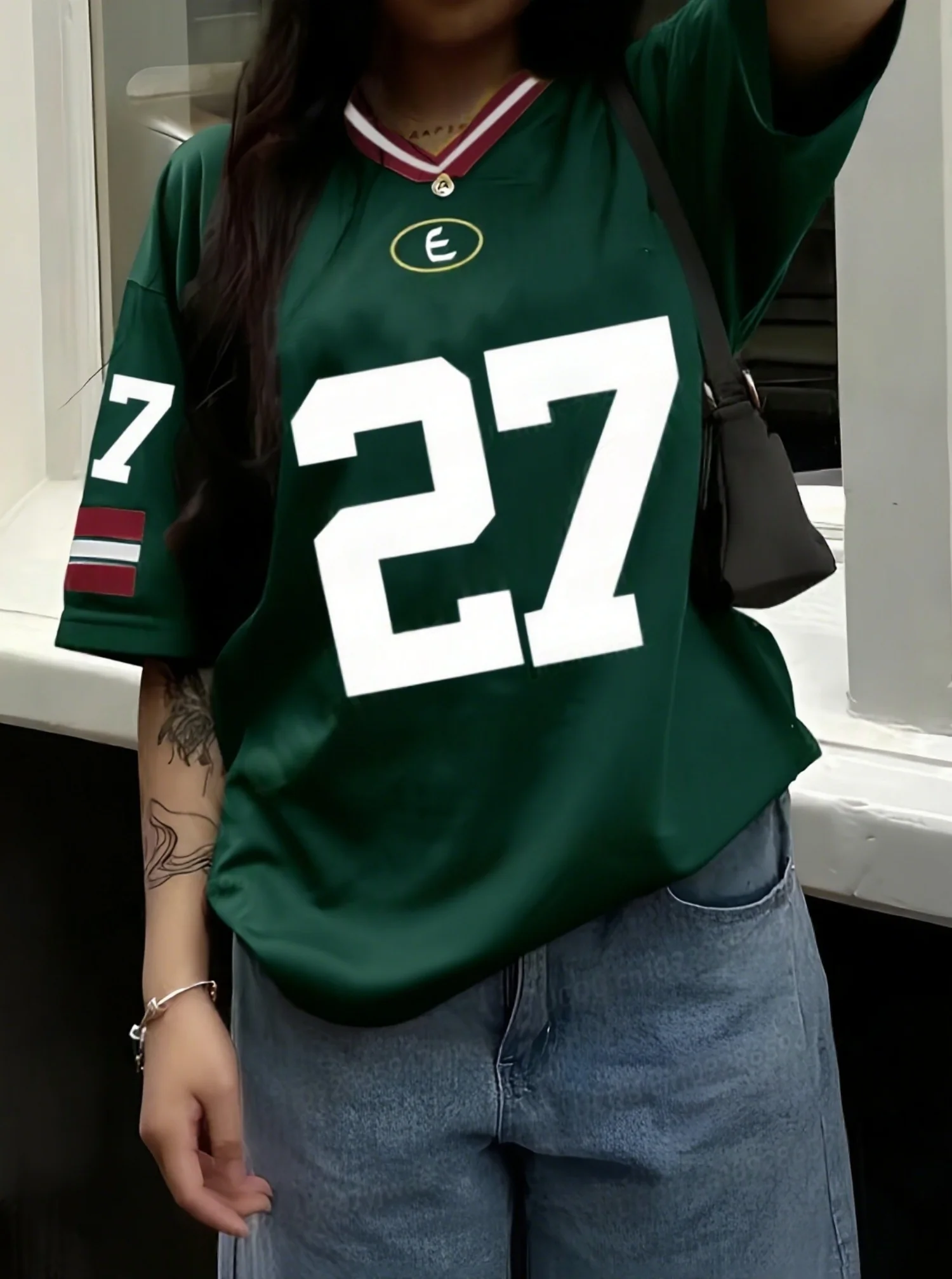 

Summer Oversized V-Neck Casual Women's Short Sleeve T-Shirt Number 27 Print Fashion Baseball Jersey Stripe Sport Women Tee Tops