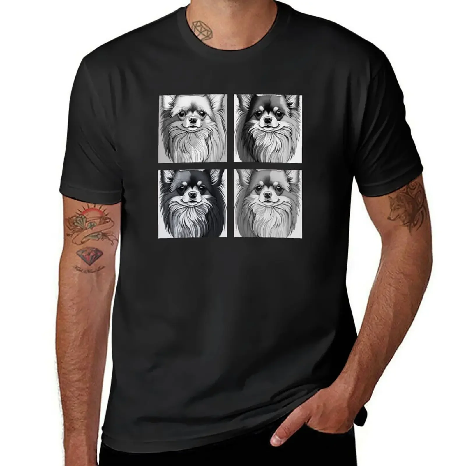 Long haired chihuahua - black & white portraits of 4 dogs T-Shirt custom shirt summer top Blouse men tshirt