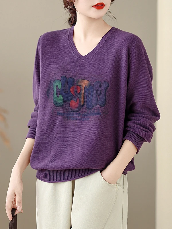 

Вязаный свитер с V-образным вырезом и длинными рукавами, пуловер с ретро-принтом, женский топ большого размера, удобный свободный крой, осенняя одежда