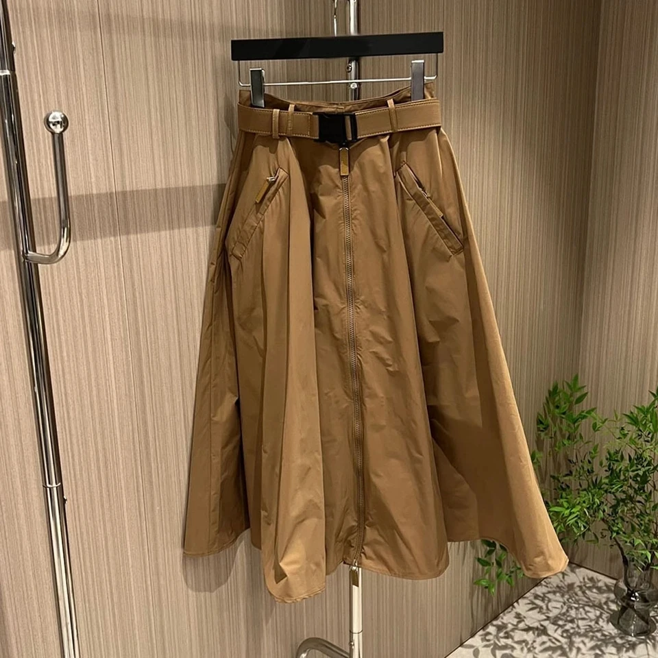 New women belt zipper solid swinging skirts pockets high waist nylon long skirt black khaki