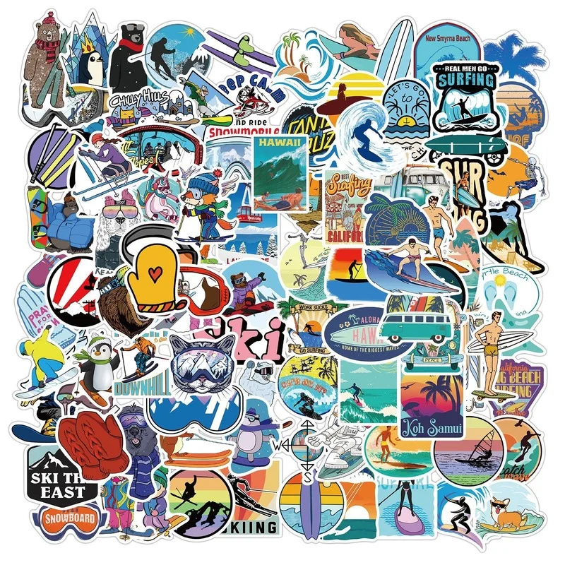 10/50/100pcs Skiing Surfing Outdoor Sports Graffiti Stickers Cartoon Laptop Pad Phone Travel Luggage Skateboard Snowboard