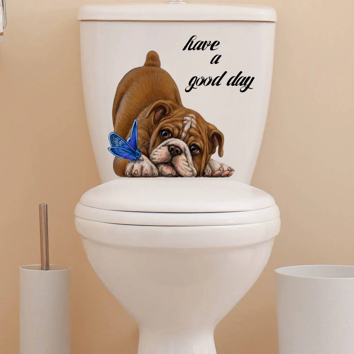 Bulldog Butterfly Toilet Sticker Have A Good Day Wall Stickers Restroom Decorative Butterfly Dog Toilet Stickers Self-adhesive