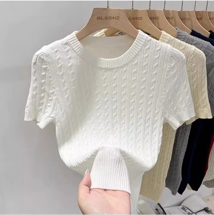 Zjaiss 2026 Summer Korean Retro Elegant Texture Short Sleeve O-Neck Twist Knit Top Women Soft Casual Versatile Thin T-shirt