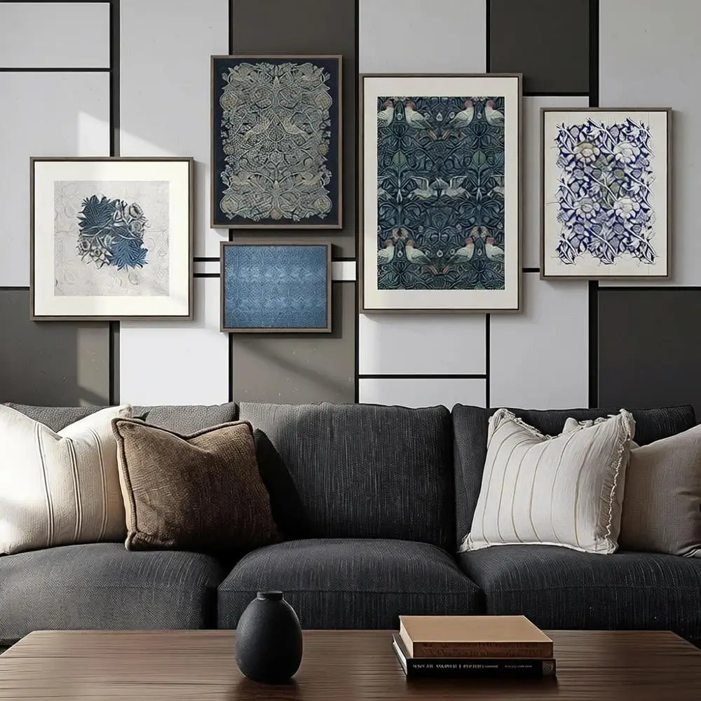 

5 Piece Vintage Blue Canvas Art Set - Botanical & Bird Decor for Living Room, Bedroom, and More