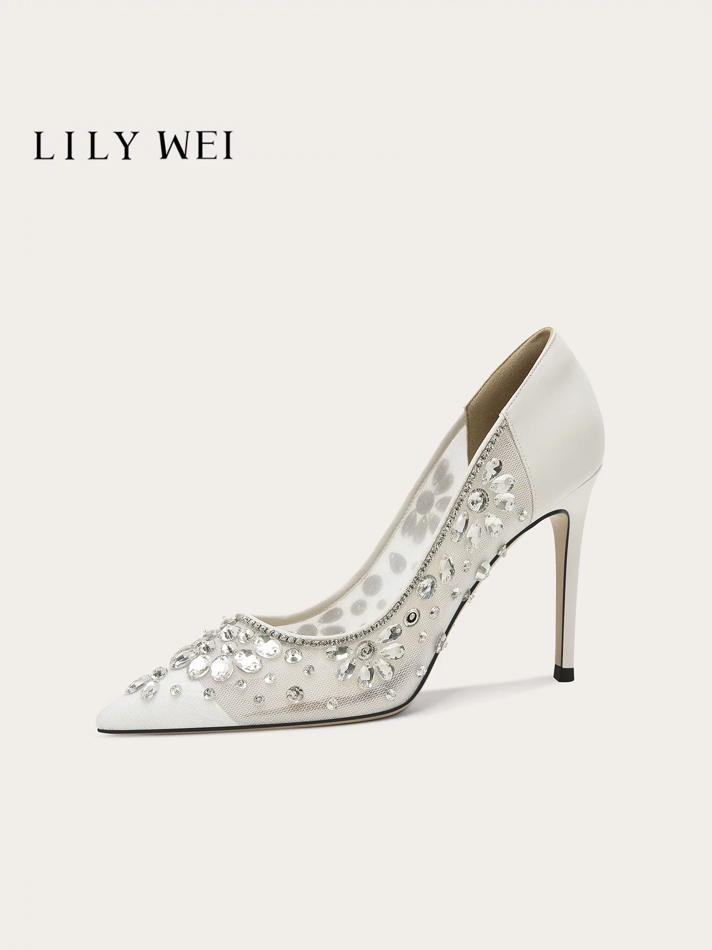Spring and summer new pointed mesh crystal wedding shoes banquet dress large size small size slim high-heeled women's shoes