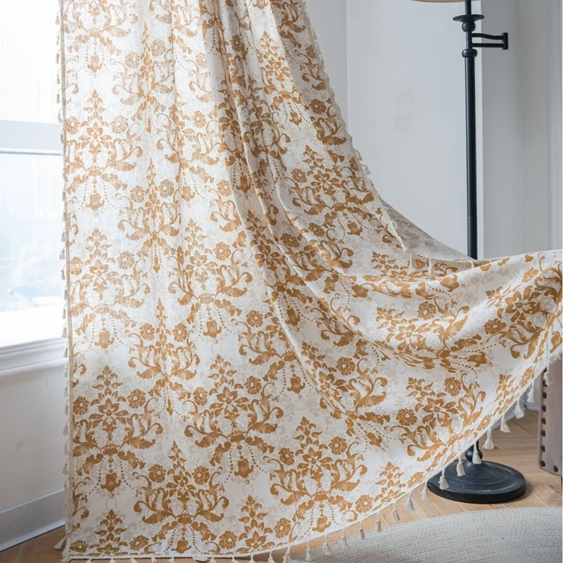 Curtain Finished Khaki European Print Fringe Window Living Room Kitchen Curtain Semi-blackout Bay Window Factory Direct Supply