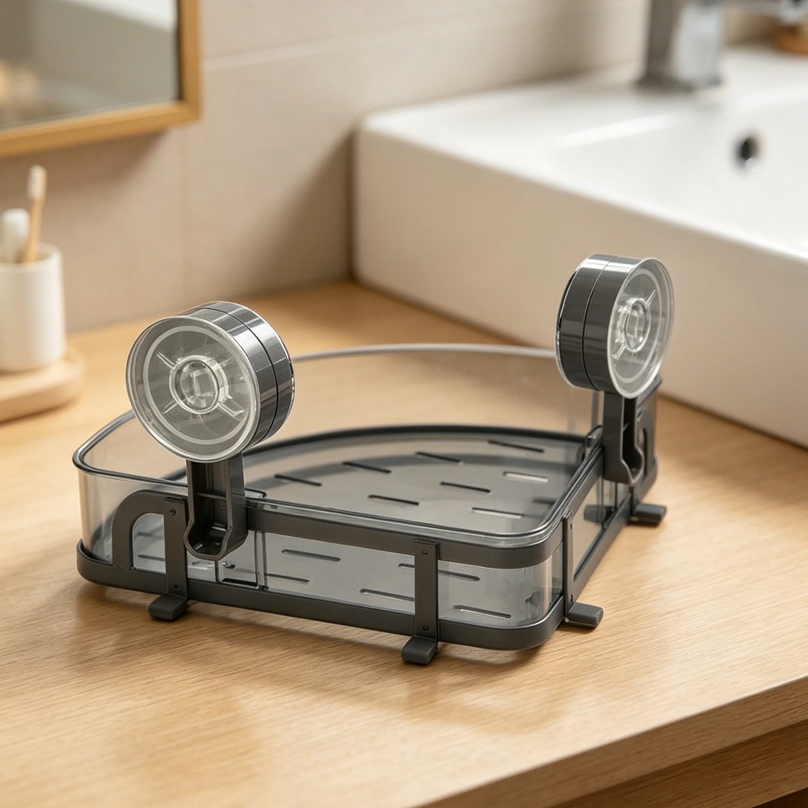 Clear Wall Mounted Bathroom Shelf with Suction Cups No Drill Corner Storage Caddy for Organizing Bathroom or Kitchen Items