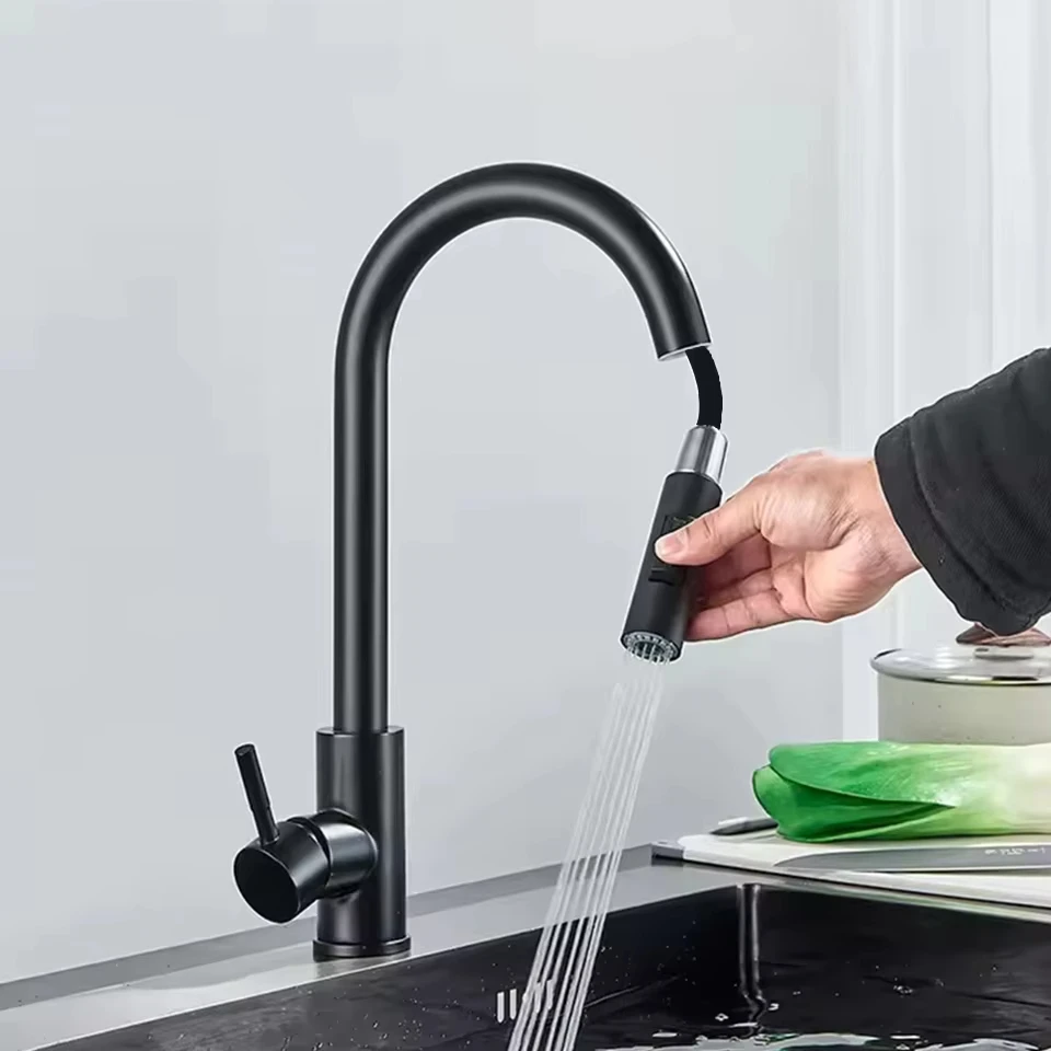 

Хромированный кухонный смеситель 304, крепление на палубу, выдвижной излив, смеситель для кухонной мойки, смеситель с одной ручкой, насадка-распылитель