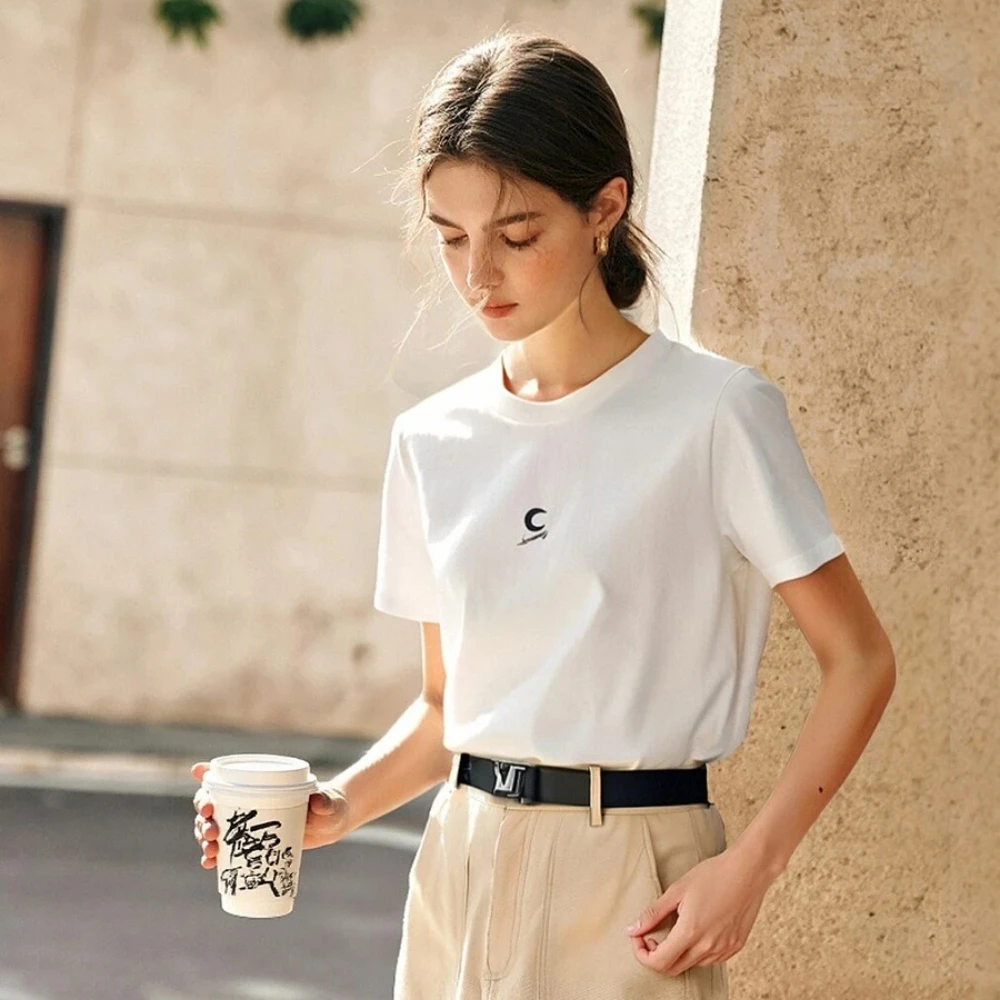 

OLrain женская футболка с короткими рукавами, 100% хлопок, 2025 г., повседневные свободные вязаные дышащие белые футболки, летняя женская одежда O57XT98259