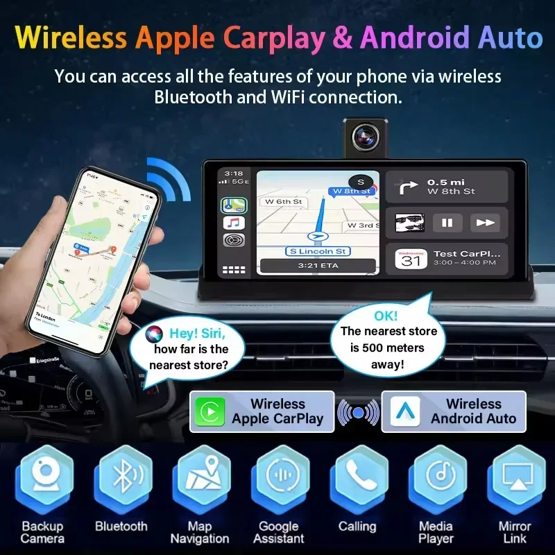 Srnubi 10,26" 350 ° Rotación 4K coche DVR cámara frontal y trasera grabadora de vídeo inalámbrica Carplay Android navegación automática vista trasera