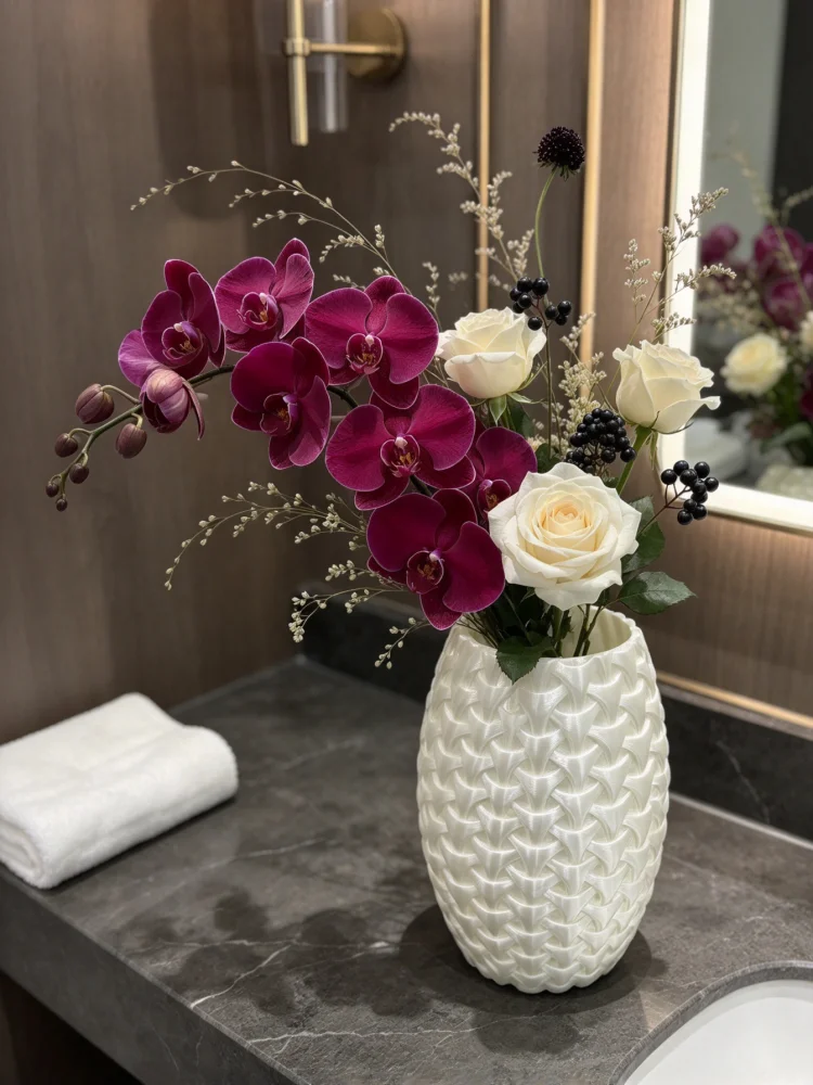 Vase décoratif blanc à texture tissée, en PLA imprimé en 3D, récipient à fleurs polyvalent pour bureau. Peut servir de vase pour des compositions florales, que ce soit avec des fleurs fraîches, des fleurs séchées ou de petits bouquets. Peut également servir d’élément décoratif géométrique autonome pour embellir l’espace. Texture tridimensionnelle exceptionnelle, adaptée à différents styles. Convient pour la maison, le salon, la salle de bain, la coiffeuse, le bureau. Il s’agit à la fois d’un accessoire floral pratique et d’un élément de décoration raffiné et délicat. Un objet de décoration intérieure moderne et minimaliste à double usage