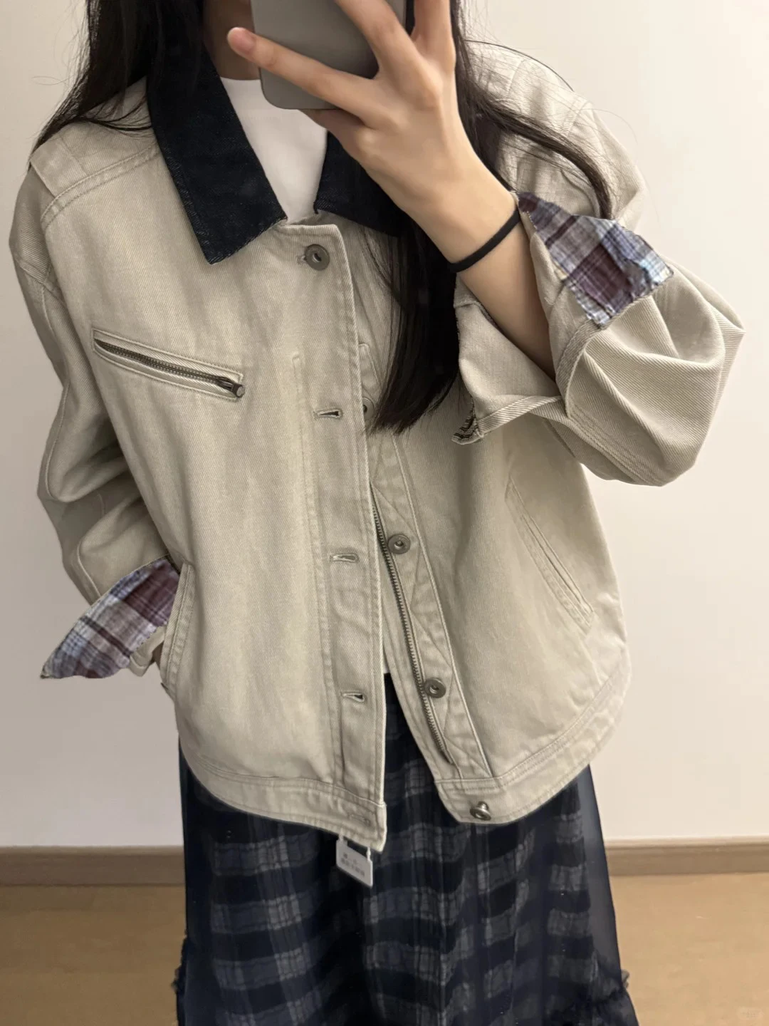 Women's American Vintage Washed Cargo Jacket Contrast Collar Oversized Coat Denim+Plaid Cuff Paneled Jacket Casual Streetwear