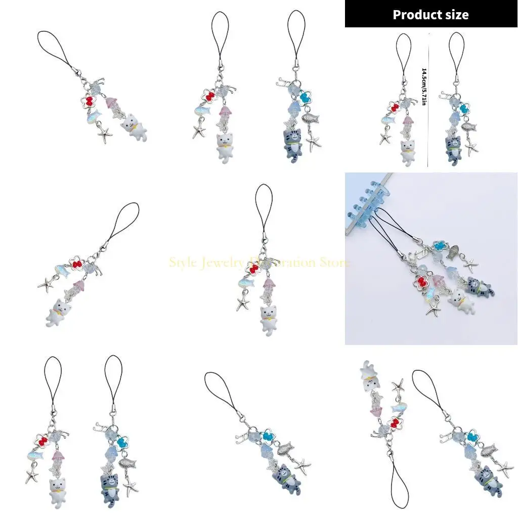 D46E Fashionable Adorable Cats Bead Keychain and Phone Strap Portable Accessory for Adults Student and Bag Accessories