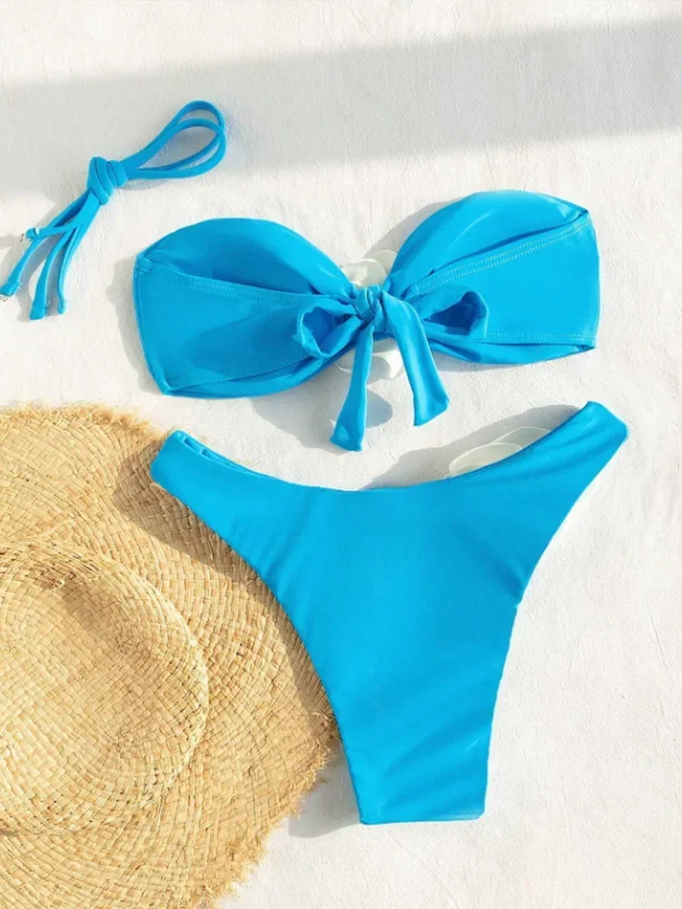 Bikini floreali solidi sexy Set da 2 pezzi Costume da bagno diviso con lacci da donna Bikini da spiaggia senza schienale a vita alta 2024 Nuovo set bikini estivo