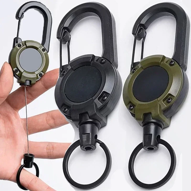 1/2pcs tugas berat dapat ditarik lencana ID Reel Carabiner gantungan kunci kawat baja tali gesper gantungan kunci alat luar ruangan gantungan kunci