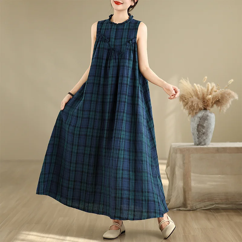Cotton Linen  Grid Vest Dress Women Sleeveless Jumpsuit Playsuit Spring Summer