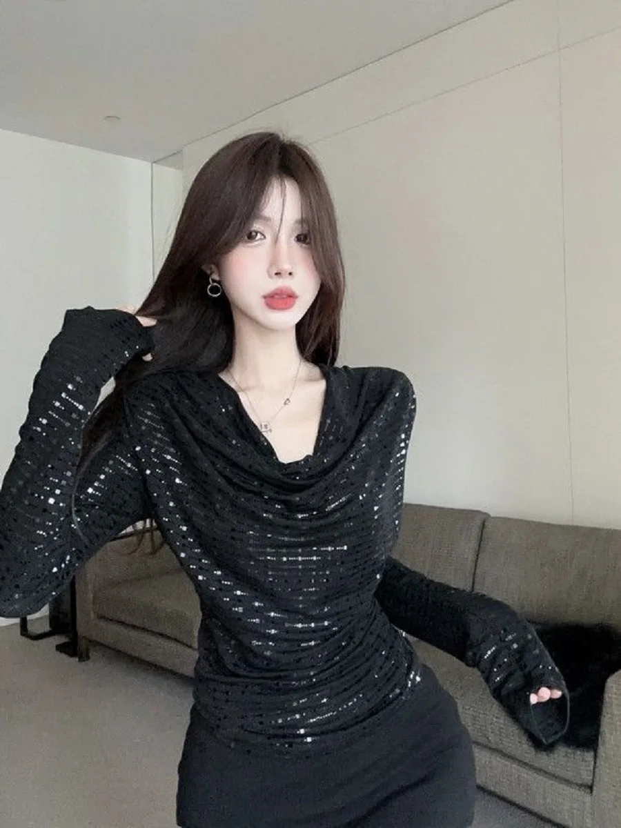 

American Hot Girl Sequin Neck Long-Sleeved T-Shirt Women Autumn Winter New Style Chic Fashion Slim Fit Slim Two-Wear Top