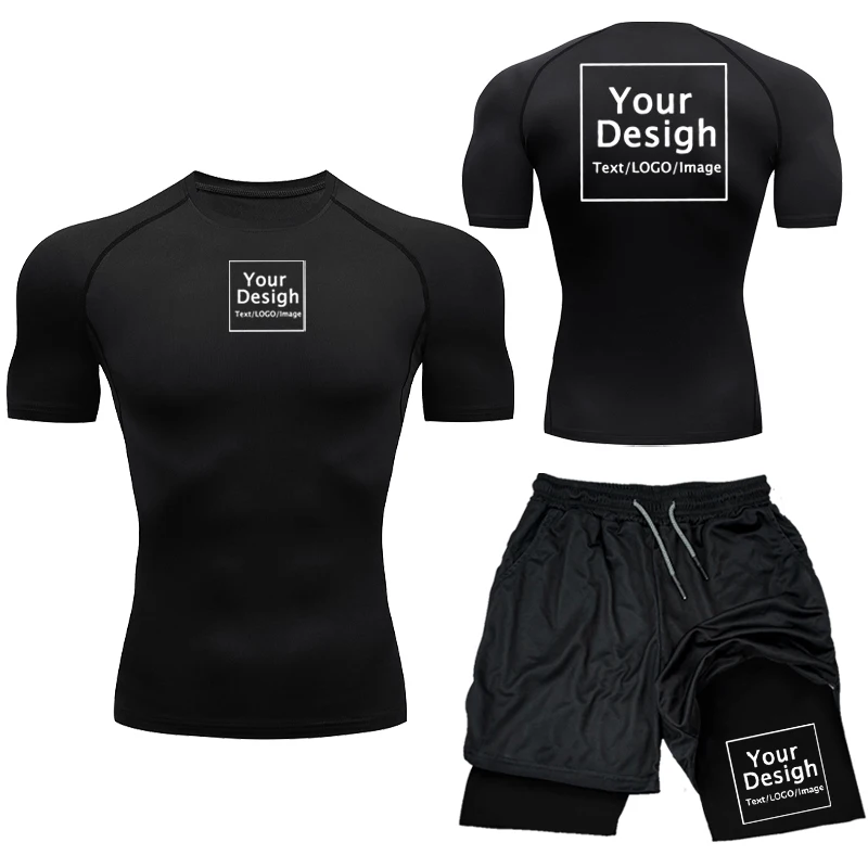 Op maat bedrukte compressie voor heren, set uw ontwerplogo, gymshirt + trainingsshort, sneldrogend, ademend atletiek-rashguard-pakken