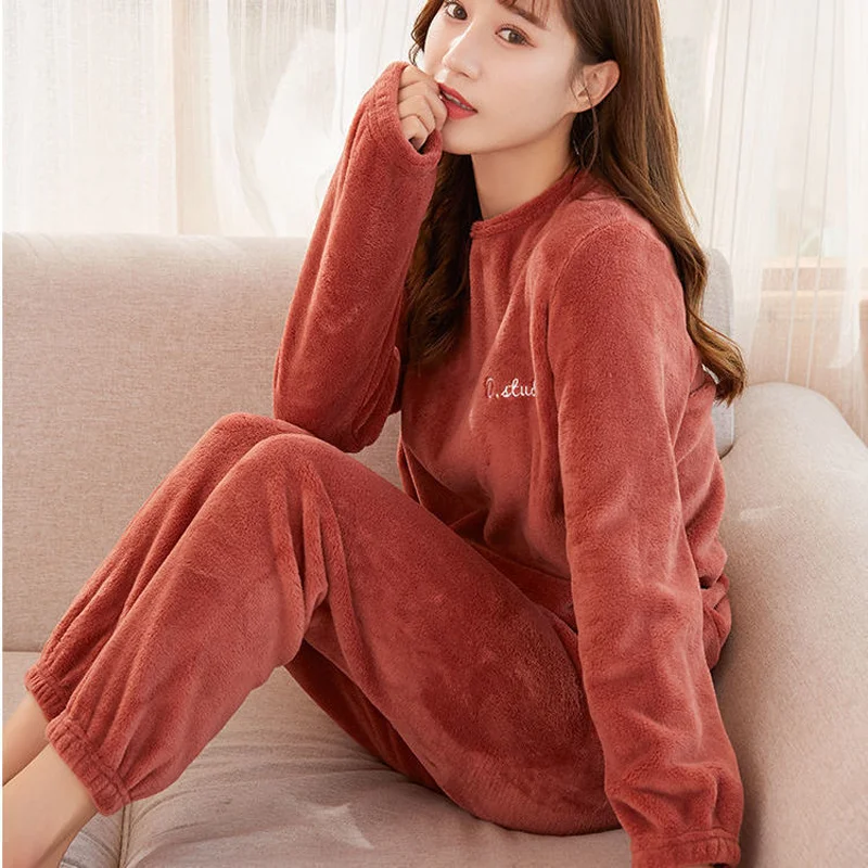 Autumn and Winter Facecloth Warming Pants Suit Women Thickened Homewear Coral Fleece Warm Loose Large Size Pajamas Homewear