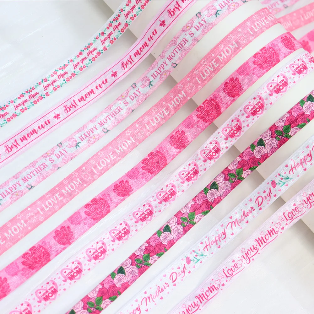 

15mm Happy Mother's Day Printed Elastic Ribbon Pink Floral Love Mom FOE Ribbon For Gift Wrapping DIY Crafts Party Decoration