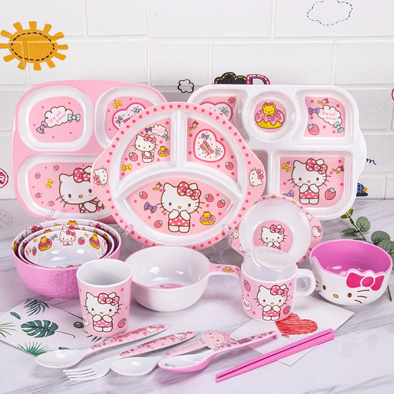 

Sanrio Kitty Dinner Plate Compartment Children's Tableware Anime Western Food Plate Candy Snacks Tray Bowl Saucer Tableware Set