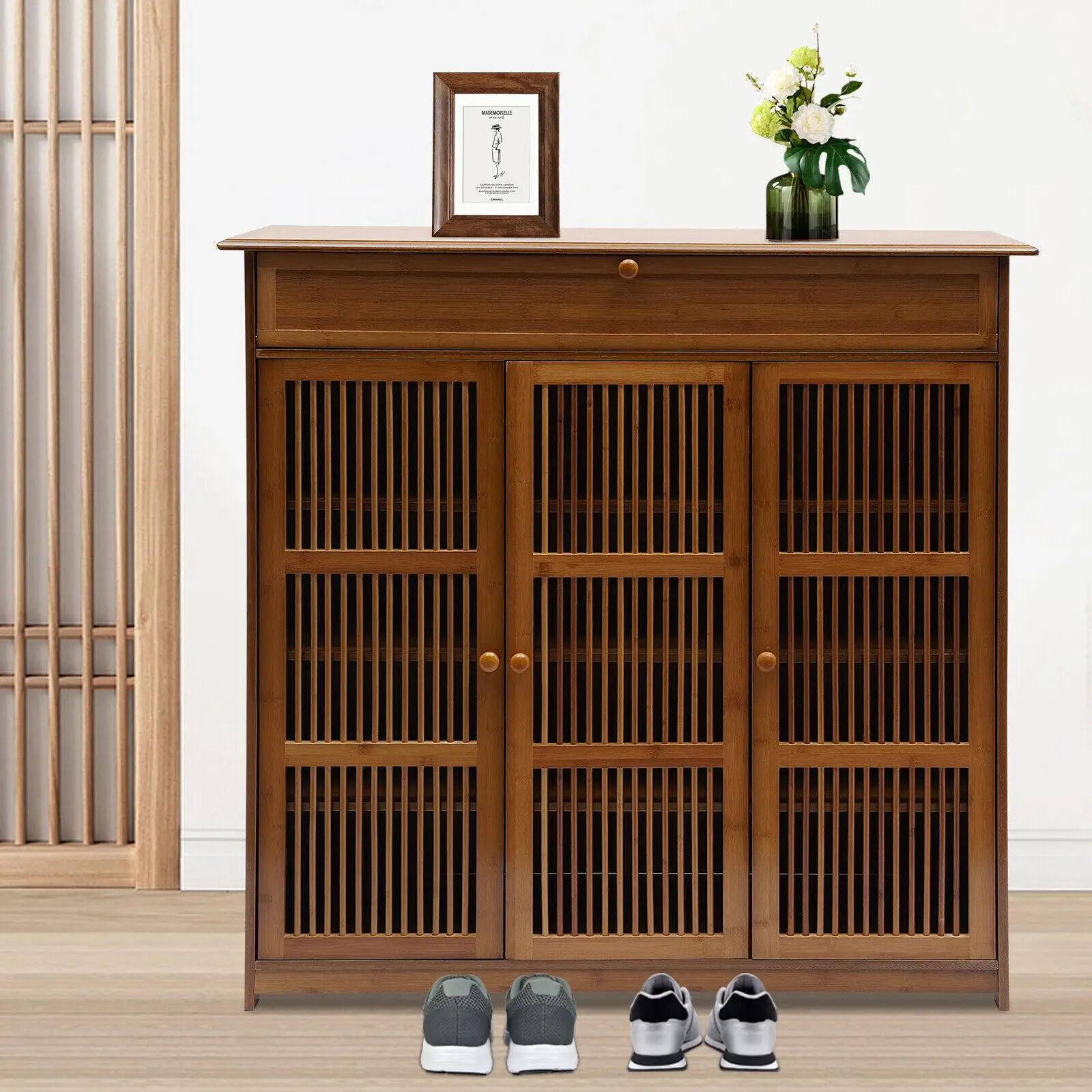 3 Layers Natural Wood Bamboo Shoes Cabinet Shelf Entryway Storage Shutter Door Shoe Rack Home Furniture Dustproof Durable