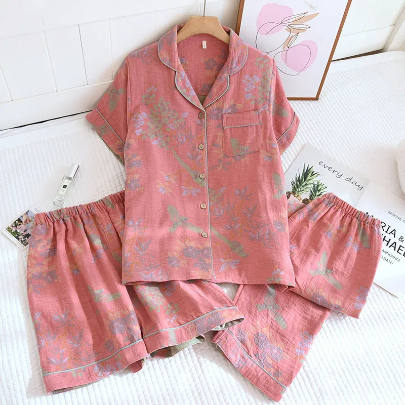 Short Sleeve Sleepwear Women's Pajamas Set Gauze Cotton Pyjamas Summer New 3 Pieces Floral Home Wear Nightwear For Woman - view 6