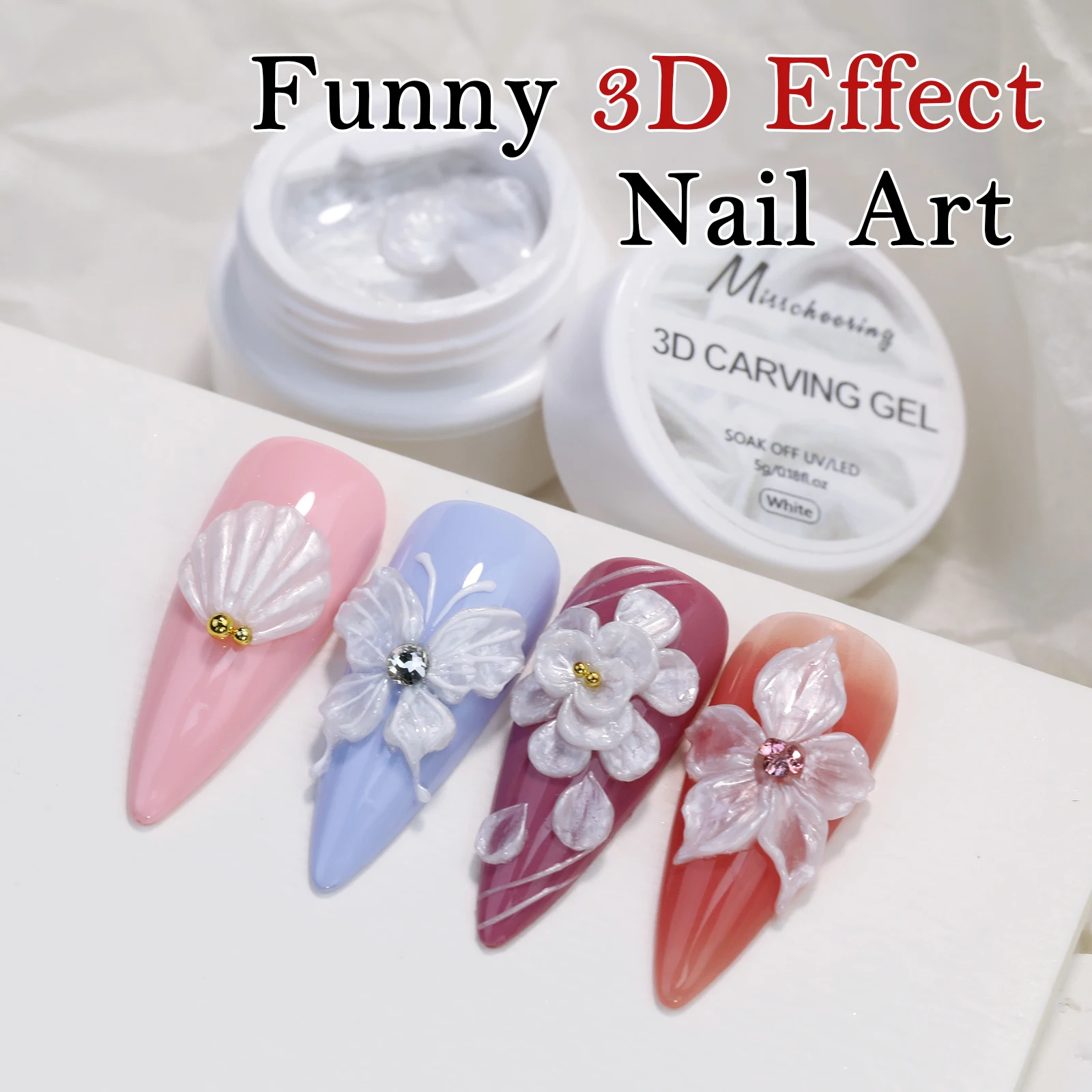 Colle à découper en satin nacré blanc, colle d'extension solide antiadhésive, fleur de sculpture 3D, vernis gel acrylique, design d'art des ongles à faire soi-même
