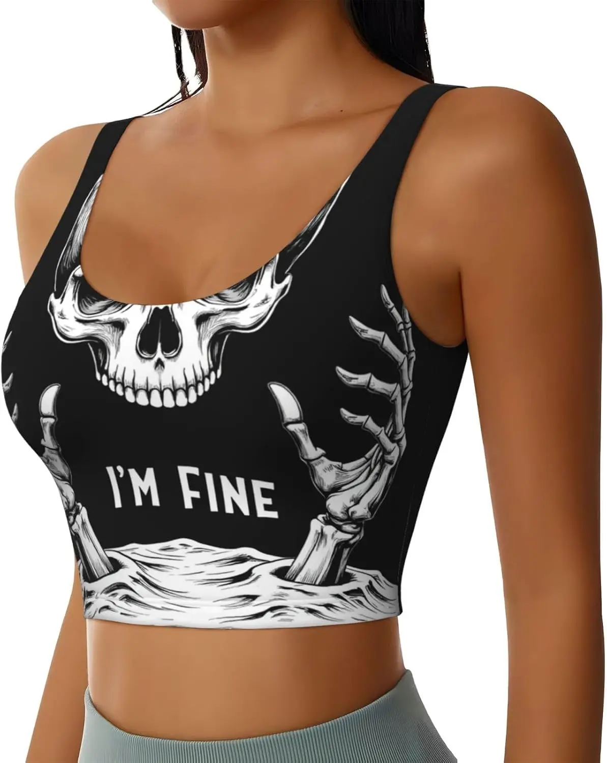 I Am Fine Skull Women Girls Sexy U-Shaped Back Sports Vest Athletic Tank Tops Activewear Goth Crop Top Comfortable