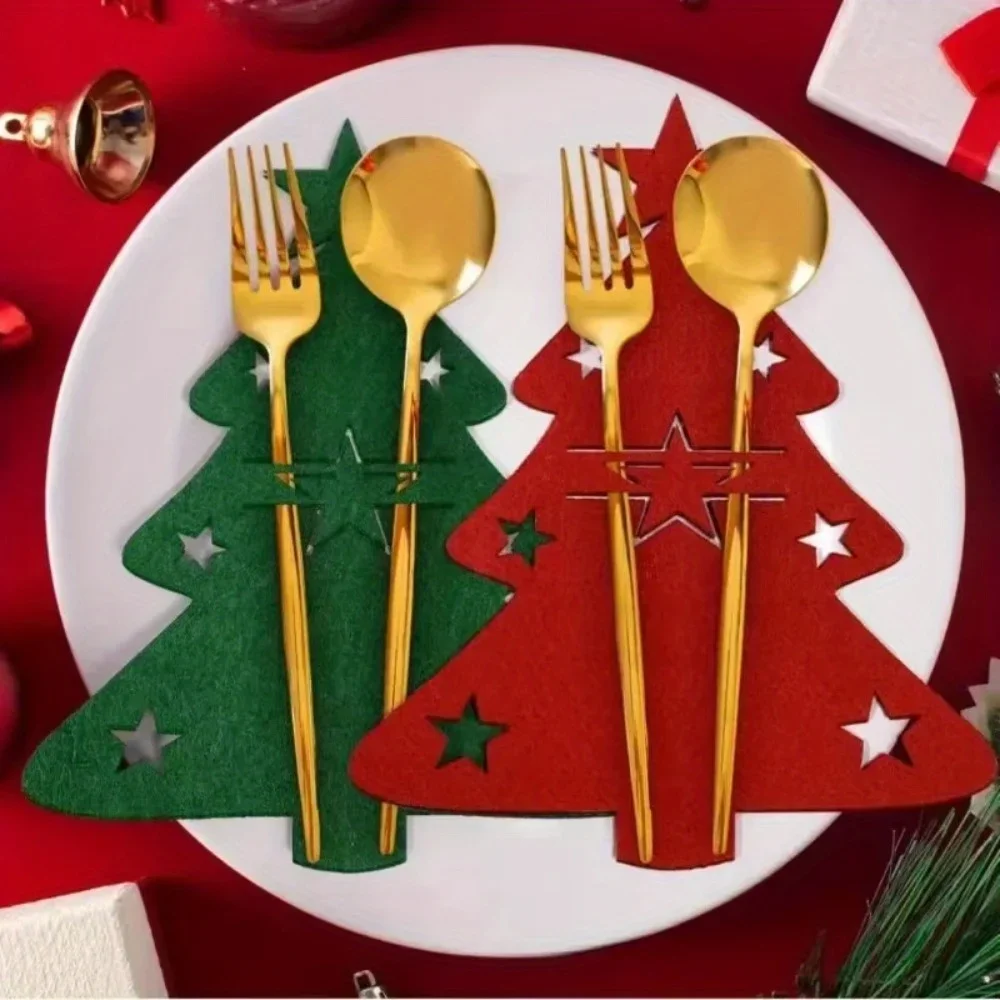 12Pcs Mixed Colors Christmas Knife and Fork Holder Elk Xmas Tree Pocket Cutlery Bag Cookware Organizer Table Decor Christmas