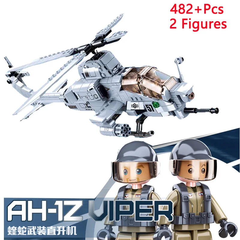 SLUBAN Military King of Jaeger AH-1Z VIPER Gunship Armed Helicopter Building Blocks Kit Bricks Classic Model Toys for Kids Gifts