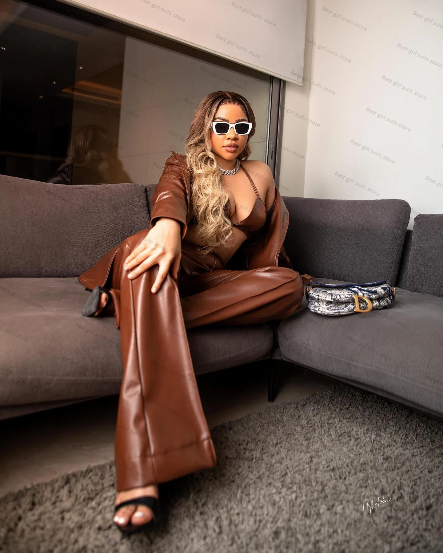 Women Suits Leather Pants Set Blazer 2 Pcs Brown Jacket+Wide Leg Trousers Mother of Guest Dress Formal Party Coat Custom Made