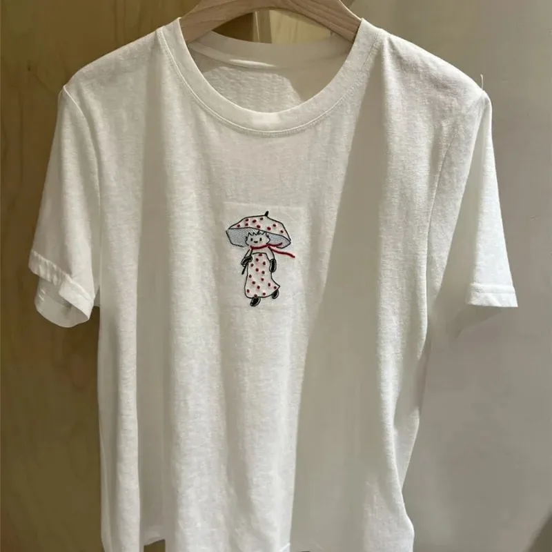 Women's Cartoon Embroidered T-Shirt Round Neck Short Sleeve Casual Summer Top
