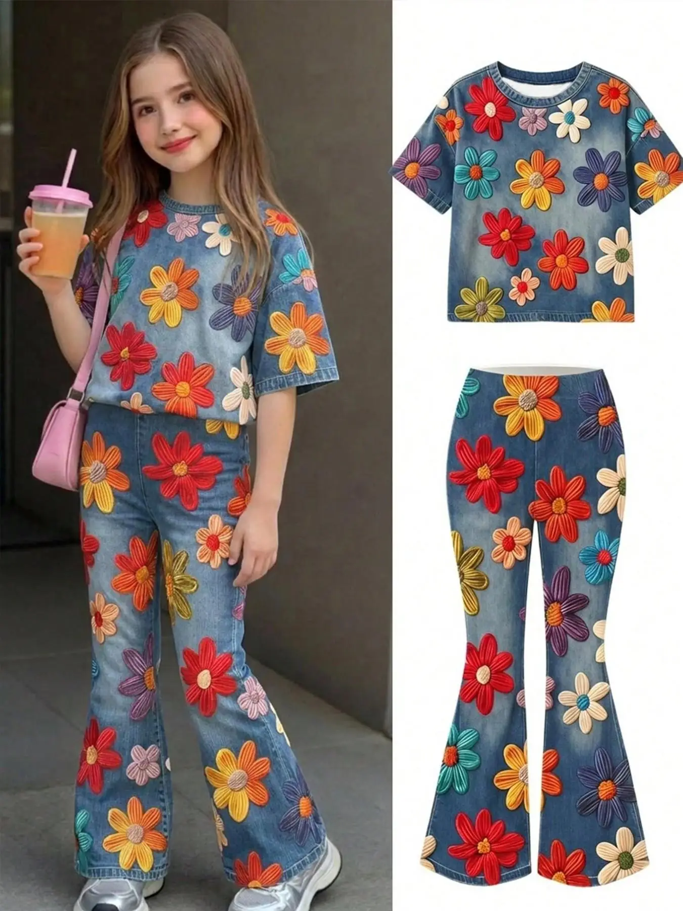 Girls' Summer and Autumn Casual Outfit Set in Various Colors with Floral Print Short Sleeves + Flared Pants Two-Piece Set, Children's Printed Outfit Suitable for Girls Aged 4-12, Versatile Clothing for Going Out