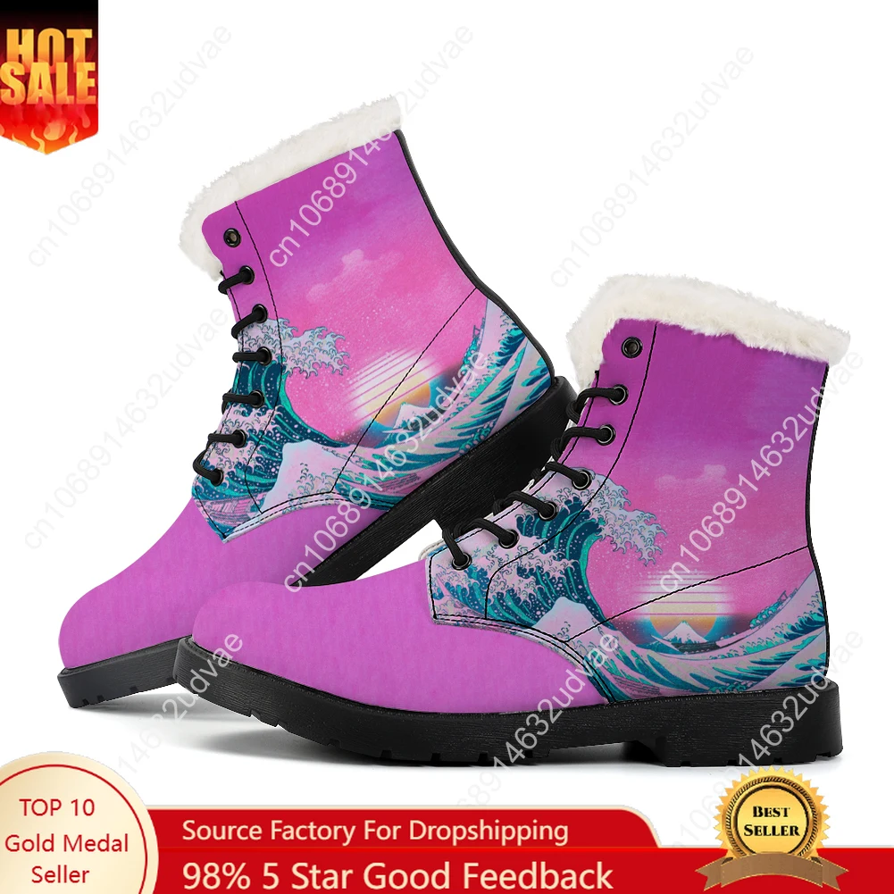 

The Great Wave off Kanagawa Plush Boots Mens Womens Teenager Shoes Casual Boot Outdoor Light Print on Demand Customize Shoe