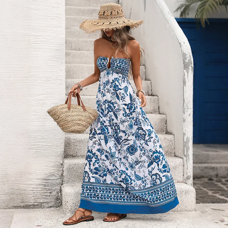 

Women Dresses Print Dress Strapless Backless Slash Neck Sleeveless Ankle Length Cinched Empire Waist Slim Fit Casual 2026 Summer