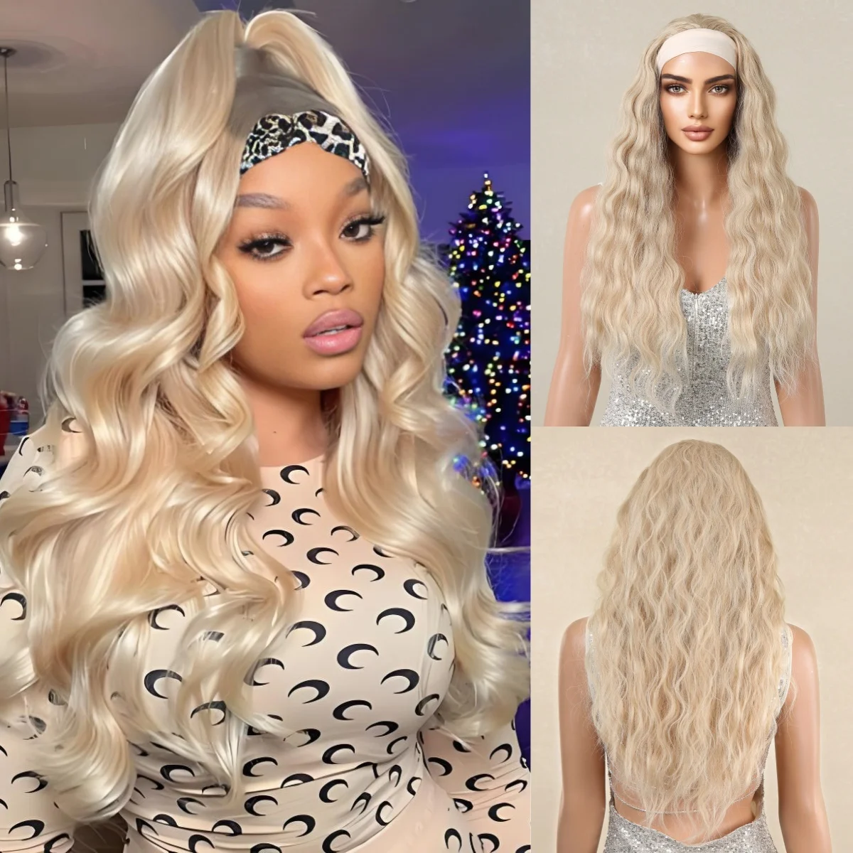 

Blonde Curly Headband Synthetic Wigs Long Loose Wavy Party Wigs Middle Part Cosplay Halloween Headband Wig for Women Use Fiber