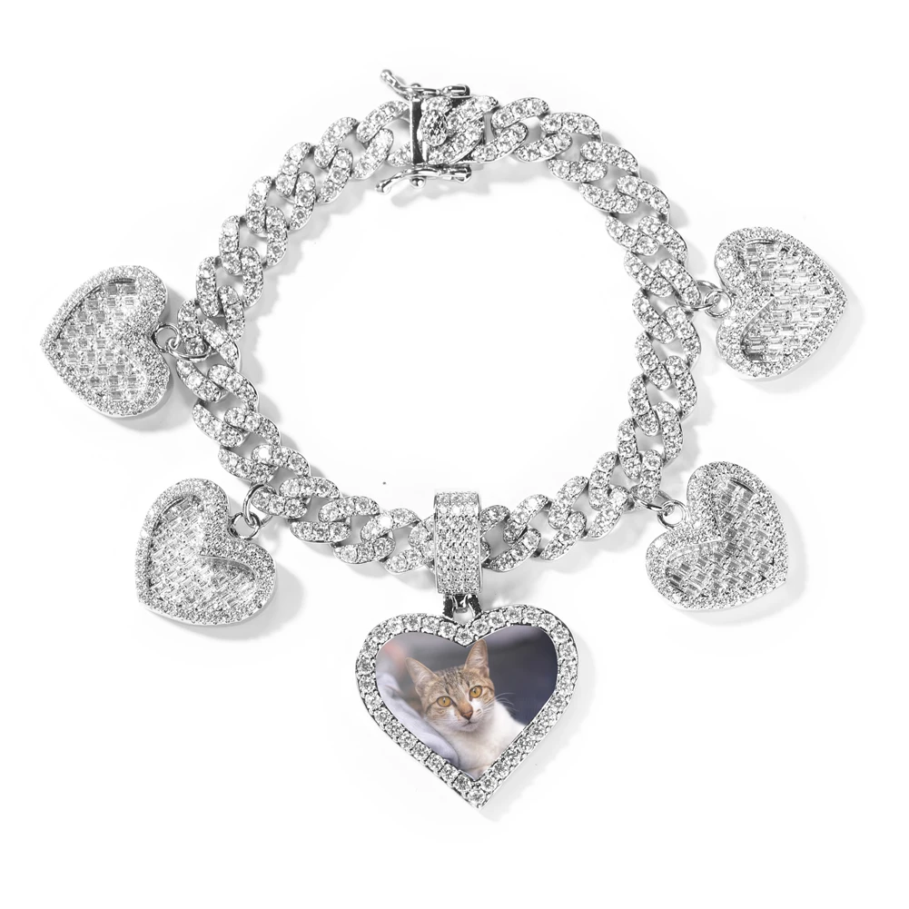 THE BLING KING Custom Heart Photo 9mm Miami Cuban Bracelet Iced Out BaguetteCZ 4 Hearts Anklet Hiphop Jewelry For Memory Gift