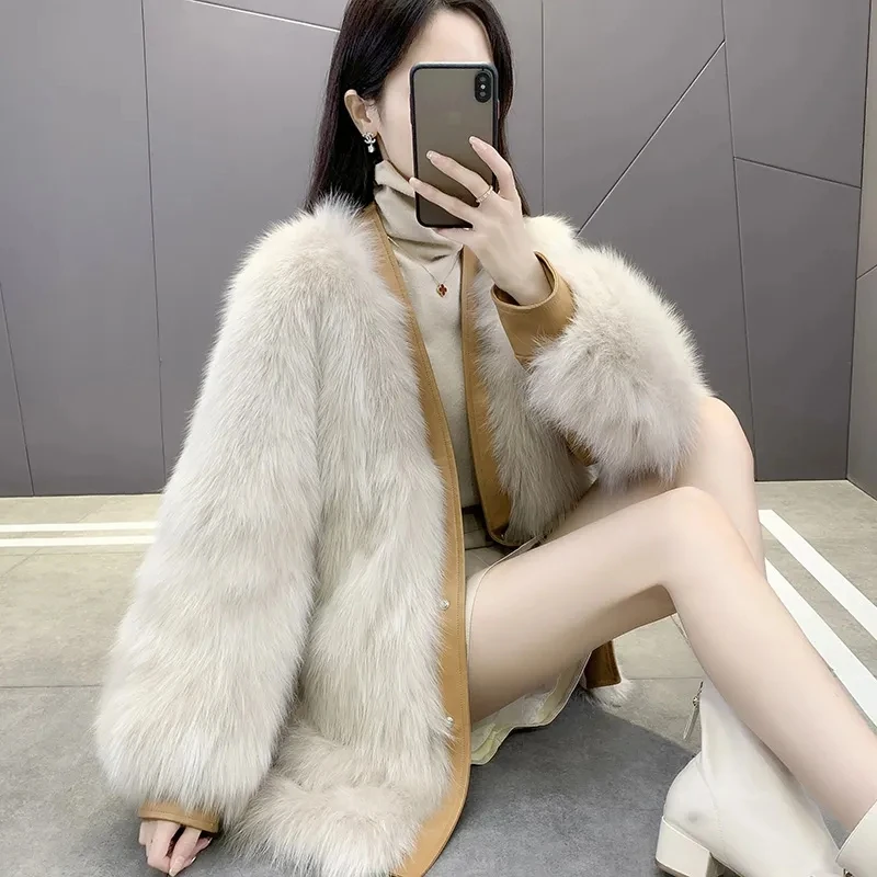 

2023 Autumn Winter New Faux Fox Fur Coat Women's Mid length V-neck Fur Coat Belt Women's Coat Loose Jacket Ladies Faux Fur Coats