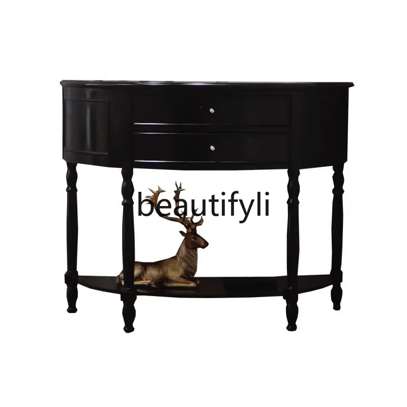 

American high-end solid wood table against the wall retro entrance table semi-round entrance wall side cabinet