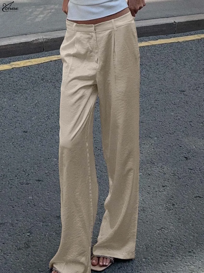 Oymimi Elegant Beige Pockets Women Pants Fashion Mid Waisted Solid Straight Trousers Casual Zipper Button Pants Female Clothing