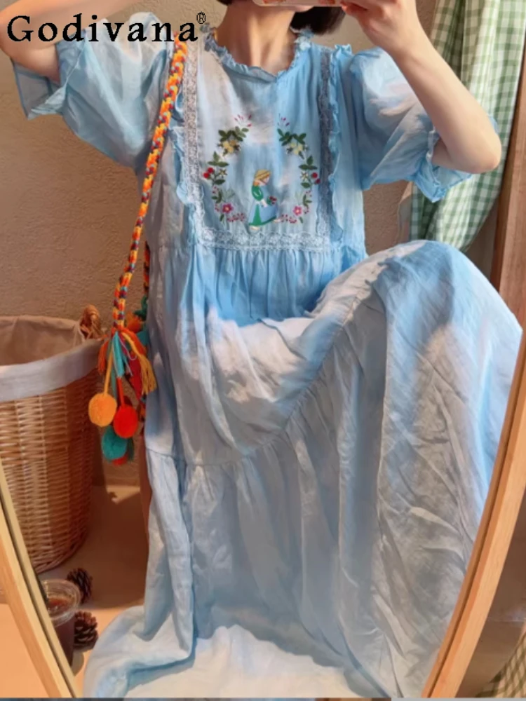

Summer Sweet Girl Loose Short Sleeve Embroidered Dress Fashion Versatile Age Reduction Crew Neck Blue Holiday Long Dresses