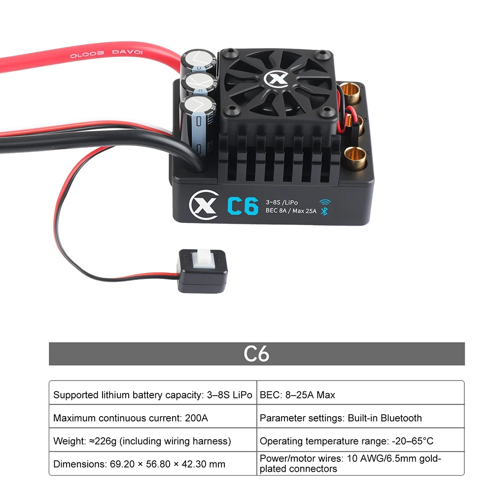 XC-ESC c6 200a esc sem escova suporte 3s ~ 8s bateria lipo para 1/7 1/6 rc modelo carro deserto caminhão monstro acessórios