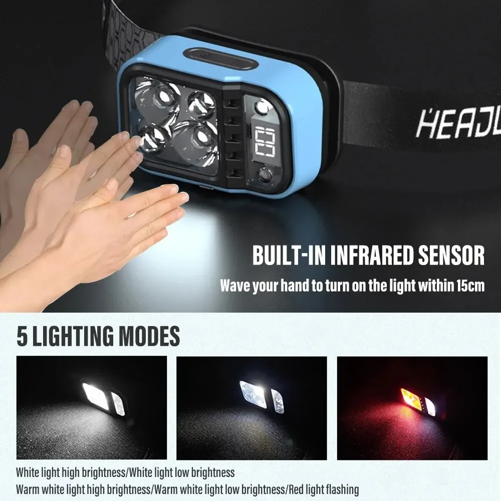 Multifunctional COB LED Sensor Headlamp Built-in Battery USB Rechargeable Fishing Headlight Outdoor Camping Emergency Head Lamp