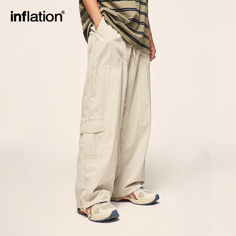 INFLATION Multi Pockets Wide Leg Cargo Pants Men Loose Fit Elastic Waist Track Pants Male Casual Trousers